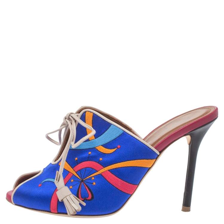 Pre Owned Malone Souliers Blue Satin Embroidered Peep Toe Lace Up Slide Mules Size 36