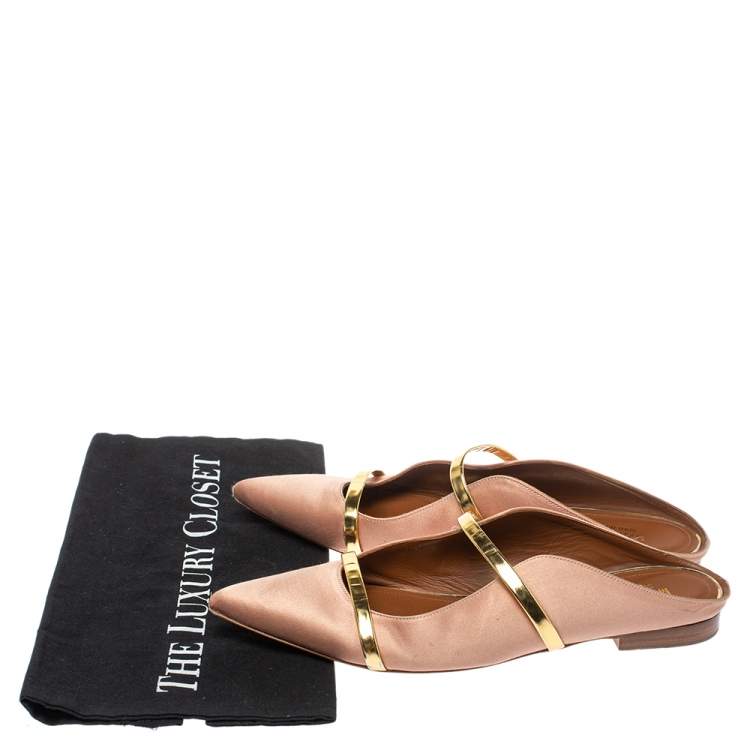 Pre Owned Malone Souliers Beige/Gold Satin Maureen Pointed Toe Flats Size 39.5