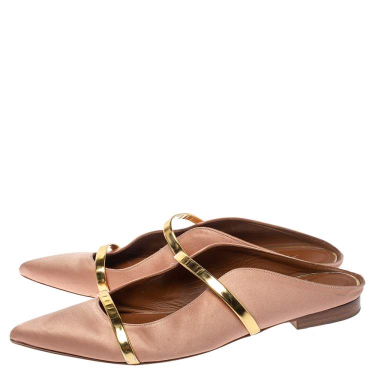 Pre Owned Malone Souliers Beige/Gold Satin Maureen Pointed Toe Flats Size 39.5