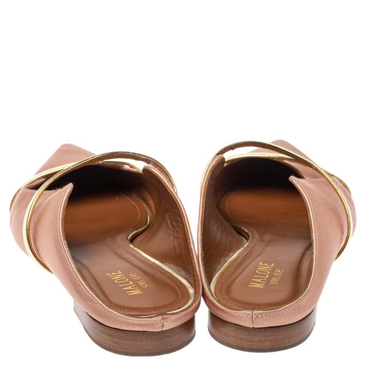 Pre Owned Malone Souliers Beige/Gold Satin Maureen Pointed Toe Flats Size 39.5