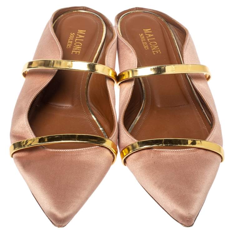 Pre Owned Malone Souliers Beige/Gold Satin Maureen Pointed Toe Flats Size 39.5