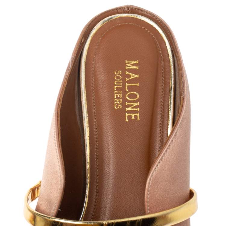 Pre Owned Malone Souliers Beige/Gold Satin Maureen Pointed Toe Flats Size 39.5
