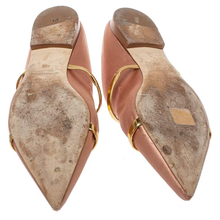 Pre Owned Malone Souliers Beige/Gold Satin Maureen Pointed Toe Flats Size 39.5