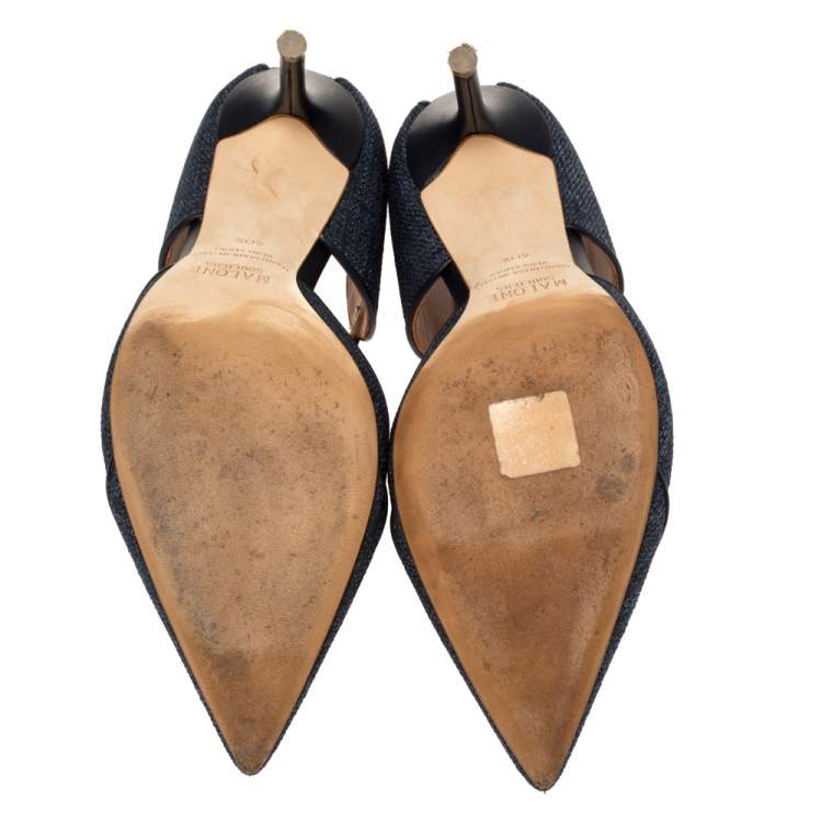 Pre Owned Malone Souliers Blue Denim Fabric And Leather Trim Pointed Toe T Strap Mule Sandals Size 40.5