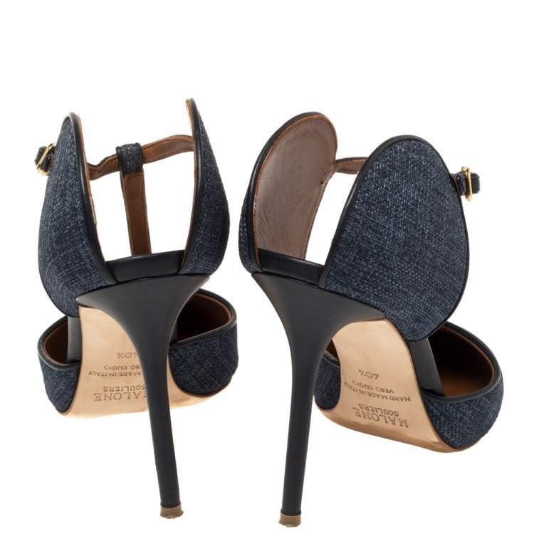 Pre Owned Malone Souliers Blue Denim Fabric And Leather Trim Pointed Toe T Strap Mule Sandals Size 40.5