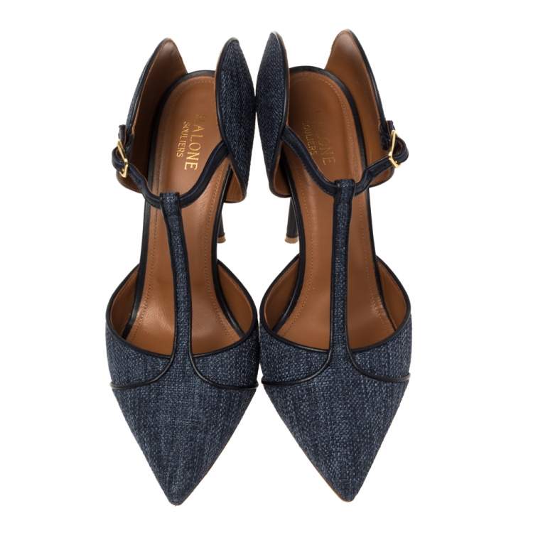 Pre Owned Malone Souliers Blue Denim Fabric And Leather Trim Pointed Toe T Strap Mule Sandals Size 40.5
