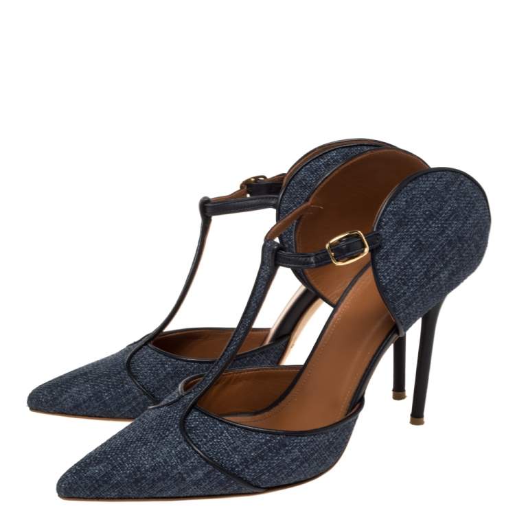 Pre Owned Malone Souliers Blue Denim Fabric And Leather Trim Pointed Toe T Strap Mule Sandals Size 40.5