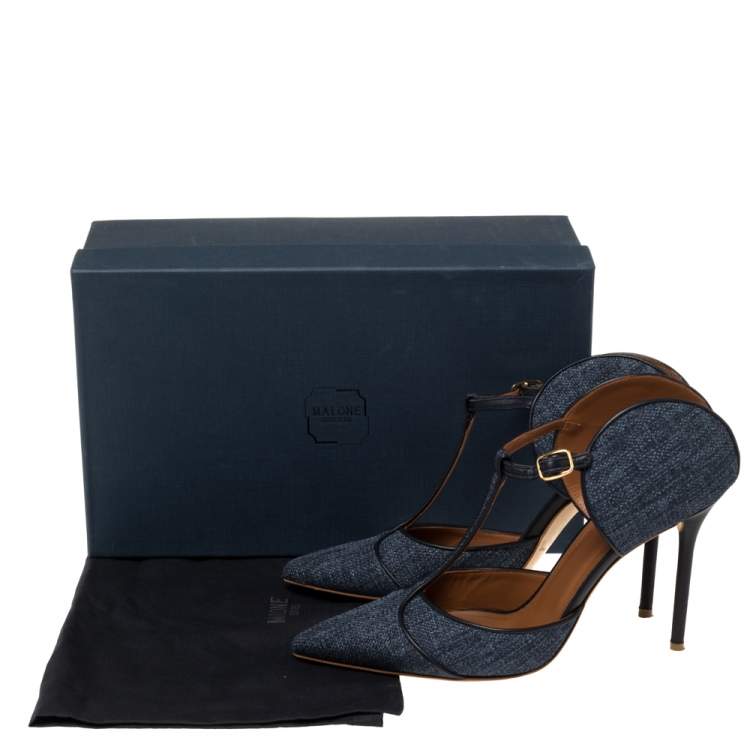 Pre Owned Malone Souliers Blue Denim Fabric And Leather Trim Pointed Toe T Strap Mule Sandals Size 40.5
