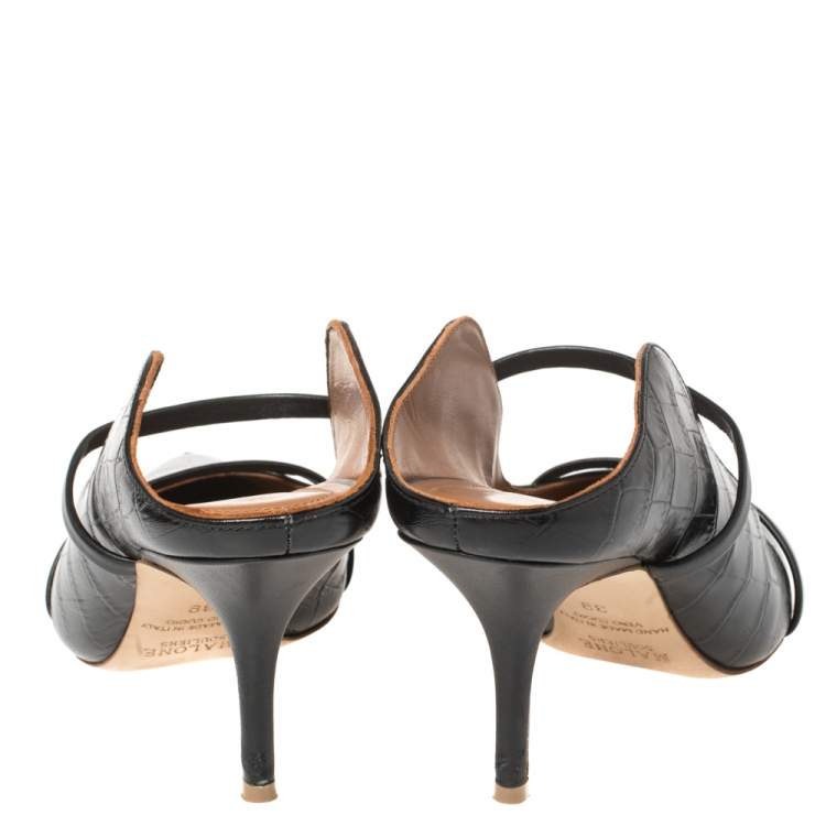 Pre Owned Malone Souliers Black Croc Embossed Leather Maureen Pointed Toe Mules Size 39