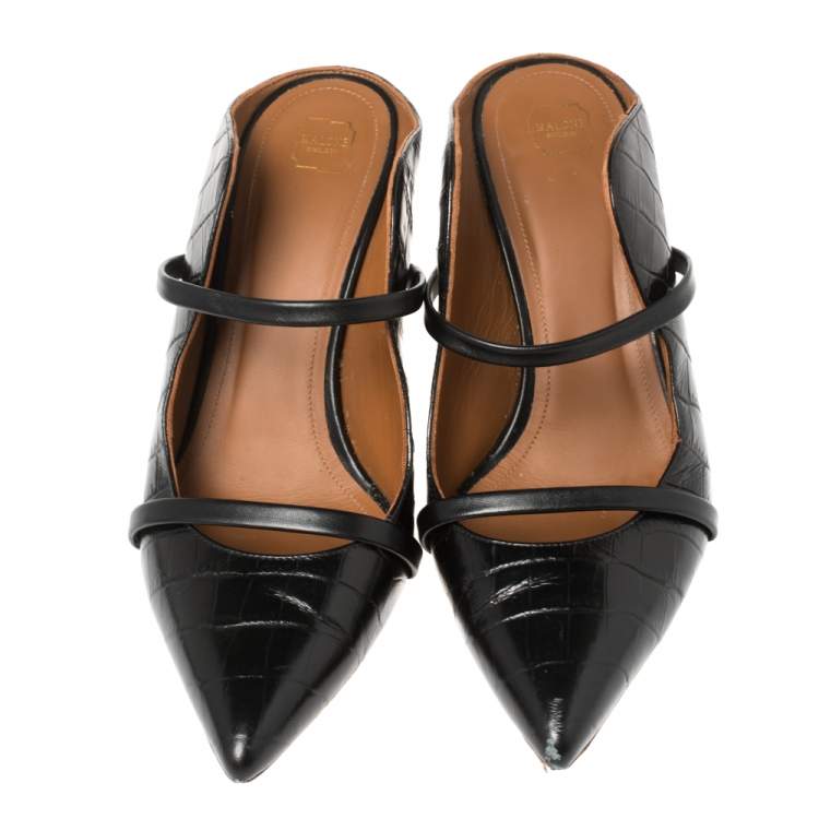 Pre Owned Malone Souliers Black Croc Embossed Leather Maureen Pointed Toe Mules Size 39