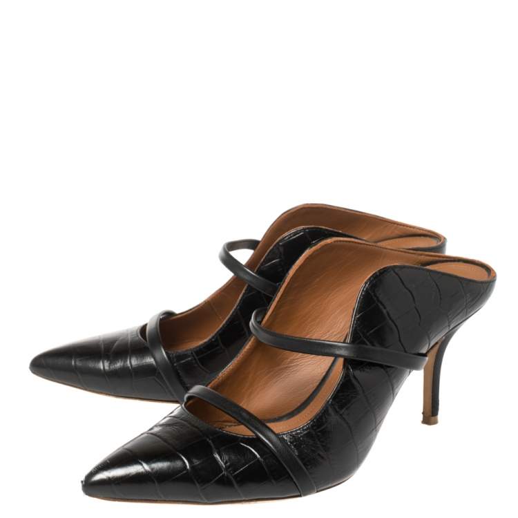 Pre Owned Malone Souliers Black Croc Embossed Leather Maureen Pointed Toe Mules Size 39