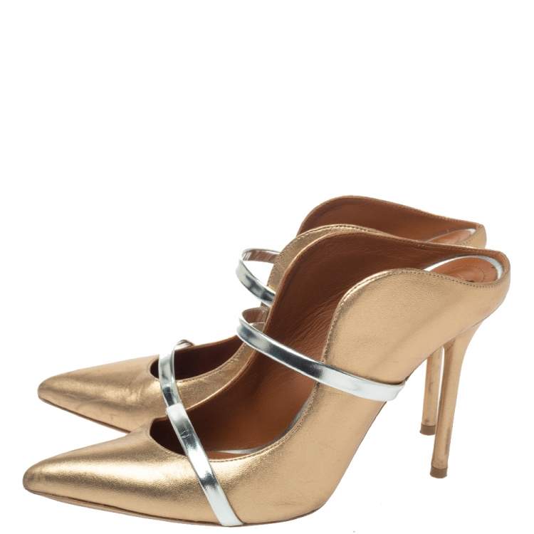Pre Owned Malone Souliers Metallic Bronze/Silver Leather Maureen Pointed Toe Mules Size 37.5