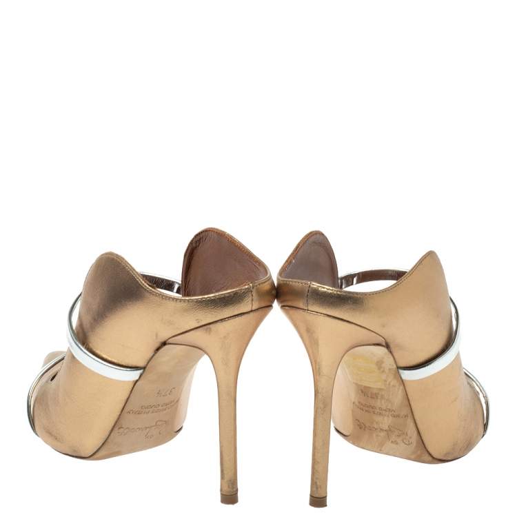 Pre Owned Malone Souliers Metallic Bronze/Silver Leather Maureen Pointed Toe Mules Size 37.5