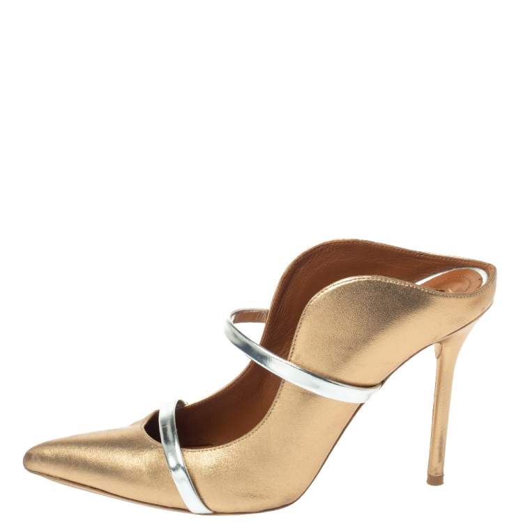 Pre Owned Malone Souliers Metallic Bronze/Silver Leather Maureen Pointed Toe Mules Size 37.5