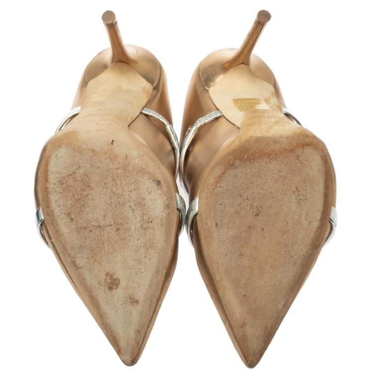 Pre Owned Malone Souliers Metallic Bronze/Silver Leather Maureen Pointed Toe Mules Size 37.5