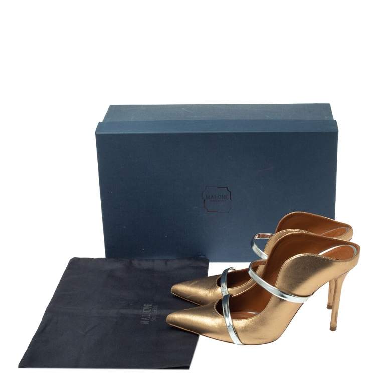 Pre Owned Malone Souliers Metallic Bronze/Silver Leather Maureen Pointed Toe Mules Size 37.5