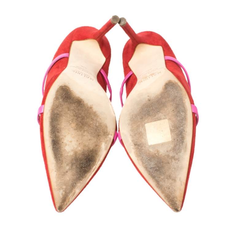 Pre Owned Malone Souliers Red/Pink Suede and Leather Maureen Mules Size 38.5
