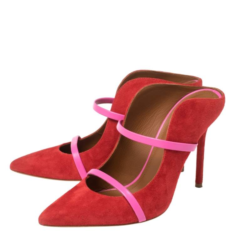 Pre Owned Malone Souliers Red/Pink Suede and Leather Maureen Mules Size 38.5