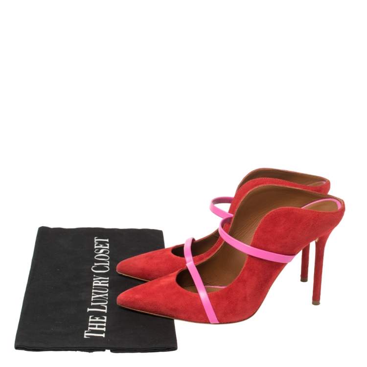 Pre Owned Malone Souliers Red/Pink Suede and Leather Maureen Mules Size 38.5