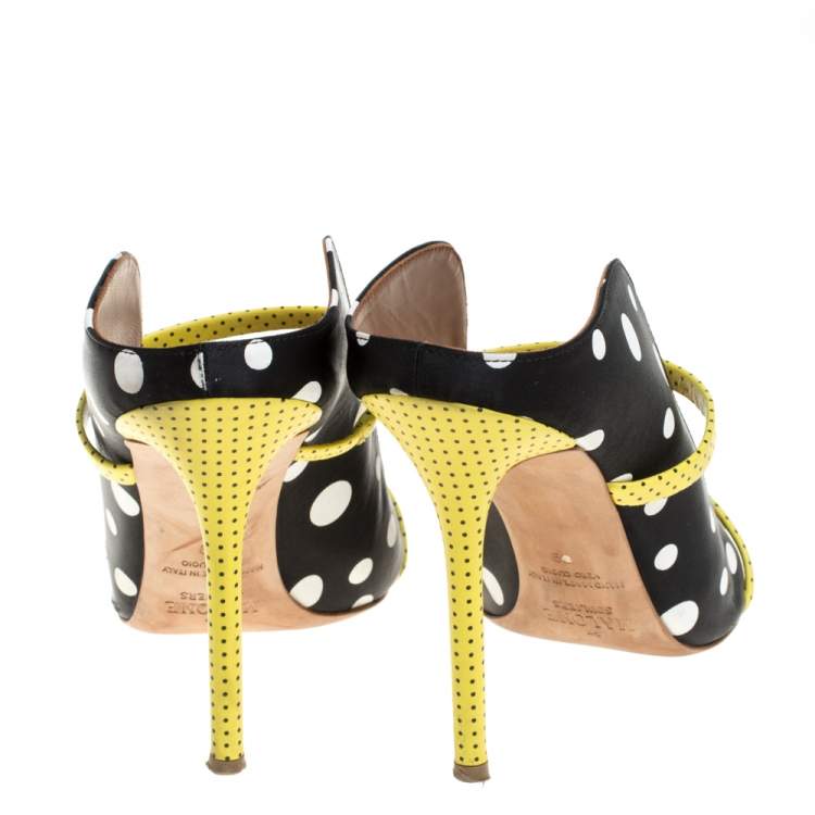 Pre Owned Malone Souliers Black Polka Dots Nylon and Leather Trim Maureen Pointed Toe Mules Size 39