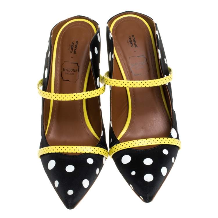 Pre Owned Malone Souliers Black Polka Dots Nylon and Leather Trim Maureen Pointed Toe Mules Size 39