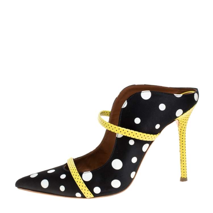 Pre Owned Malone Souliers Black Polka Dots Nylon and Leather Trim Maureen Pointed Toe Mules Size 39