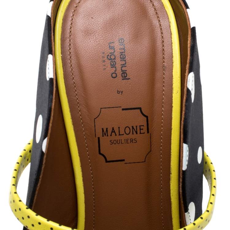 Pre Owned Malone Souliers Black Polka Dots Nylon and Leather Trim Maureen Pointed Toe Mules Size 39
