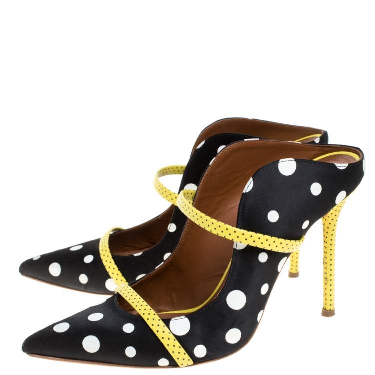 Pre Owned Malone Souliers Black Polka Dots Nylon and Leather Trim Maureen Pointed Toe Mules Size 39