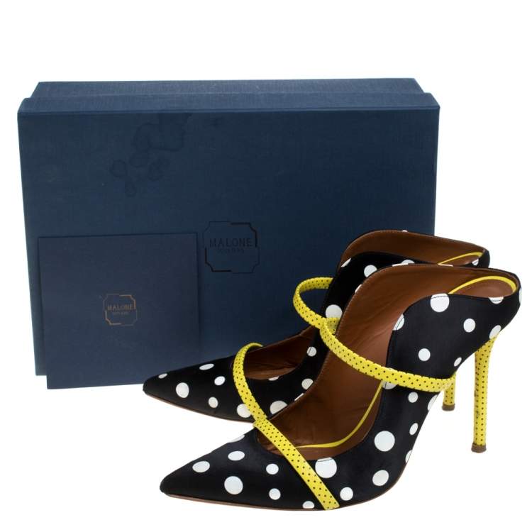 Pre Owned Malone Souliers Black Polka Dots Nylon and Leather Trim Maureen Pointed Toe Mules Size 39