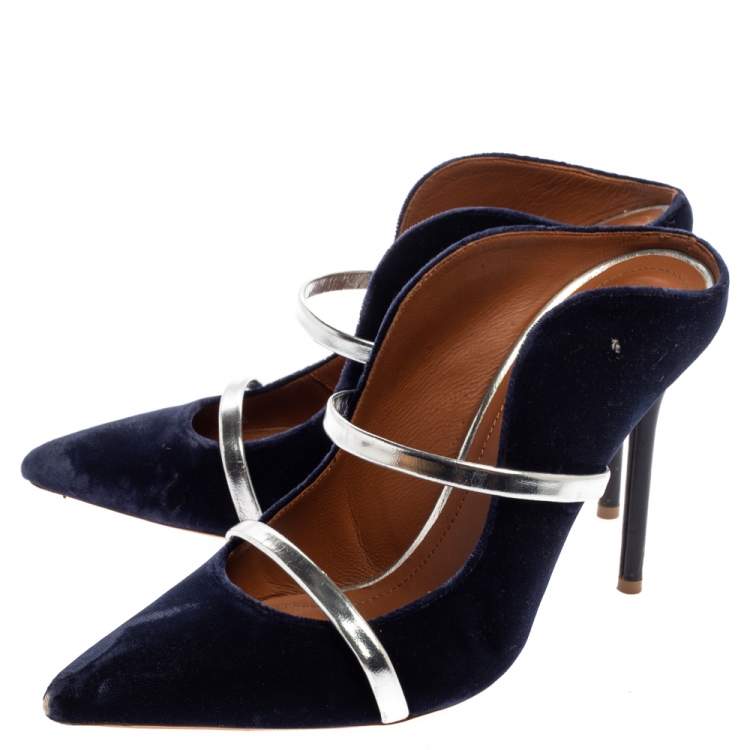 Pre Owned Malone Souliers Blue Velvet Maureen Pointed Toe Mules Size 38