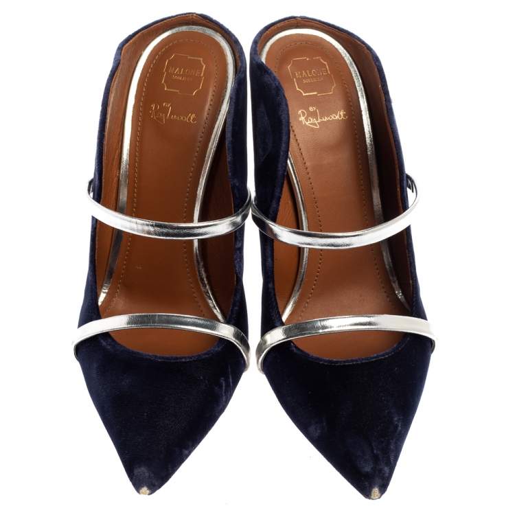 Pre Owned Malone Souliers Blue Velvet Maureen Pointed Toe Mules Size 38