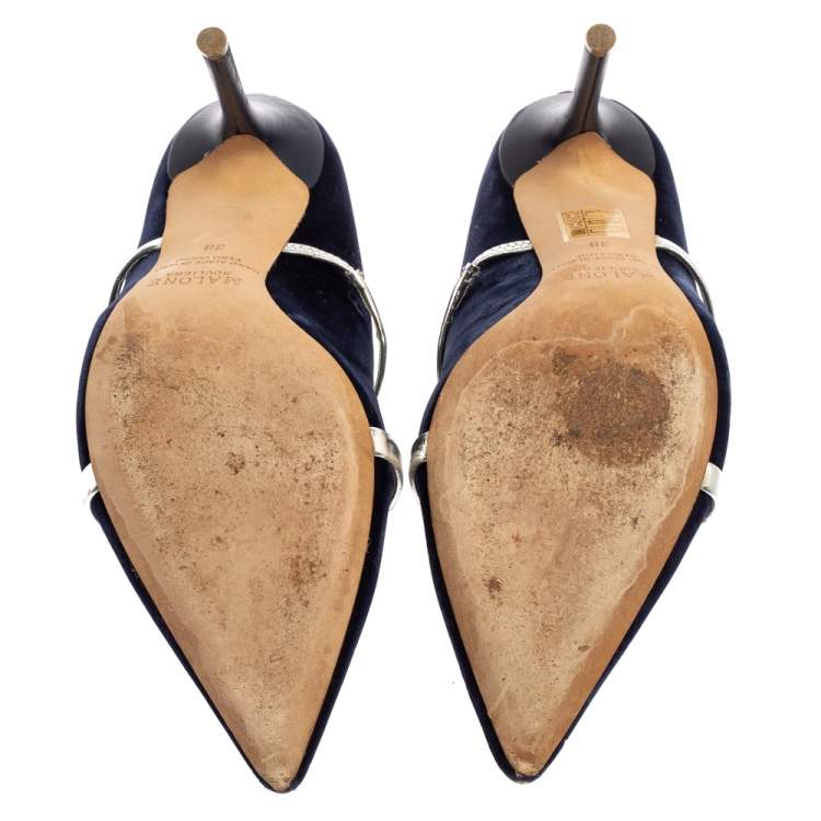 Pre Owned Malone Souliers Blue Velvet Maureen Pointed Toe Mules Size 38