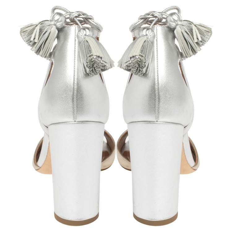 Pre Owned Malone Souliers Metallic Silver/Gold Leather Gladys Tassel Sandals Size 37.5