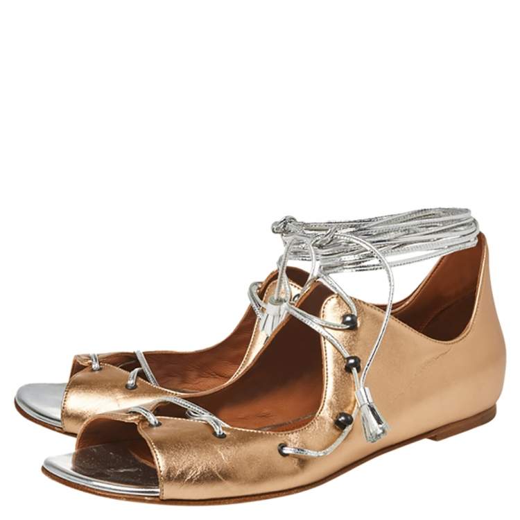 Pre Owned Malone Souliers Metallic Beige Leather Savannah Ankle Wrap Flats Size 39
