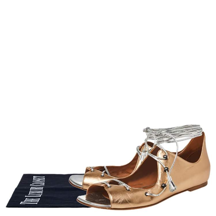 Pre Owned Malone Souliers Metallic Beige Leather Savannah Ankle Wrap Flats Size 39