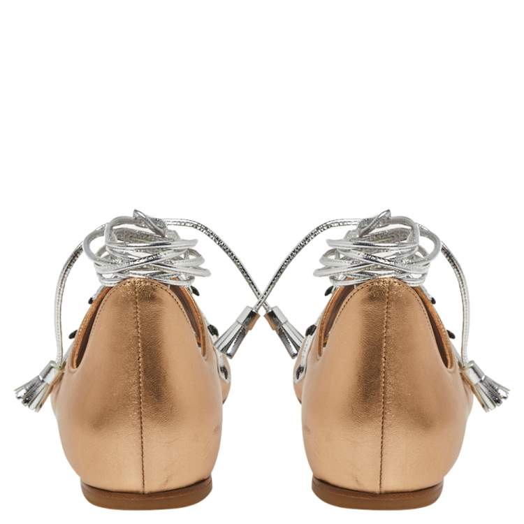 Pre Owned Malone Souliers Metallic Beige Leather Savannah Ankle Wrap Flats Size 39