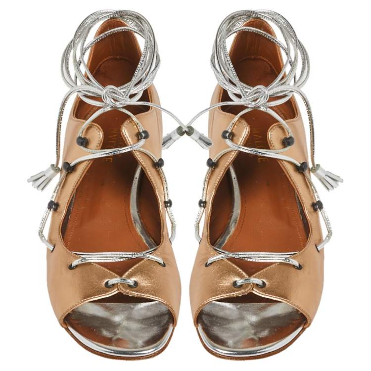 Pre Owned Malone Souliers Metallic Beige Leather Savannah Ankle Wrap Flats Size 39