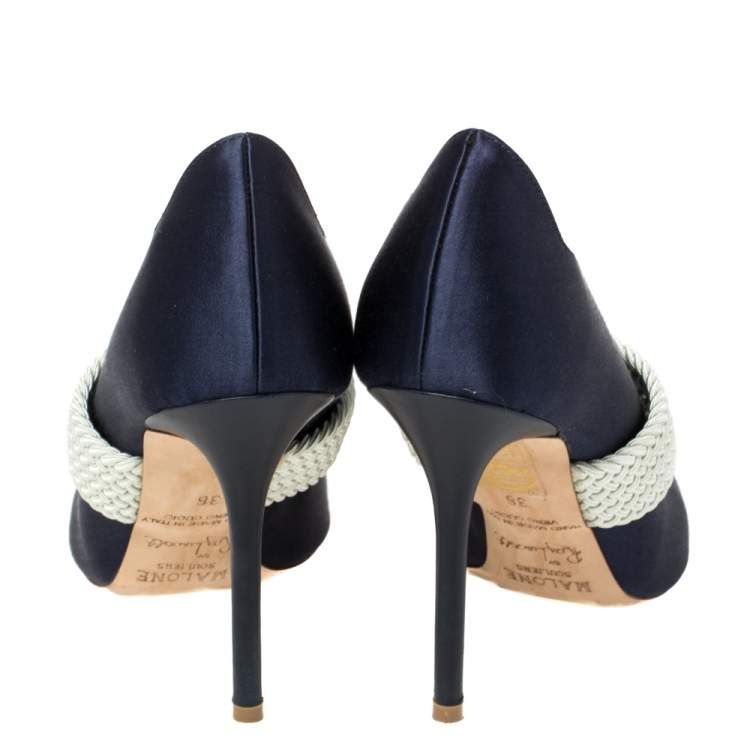 Pre Owned Malone Souliers By Roy Luwolt Navy Blue Satin Maisie Pointed Toe Pumps Size 36