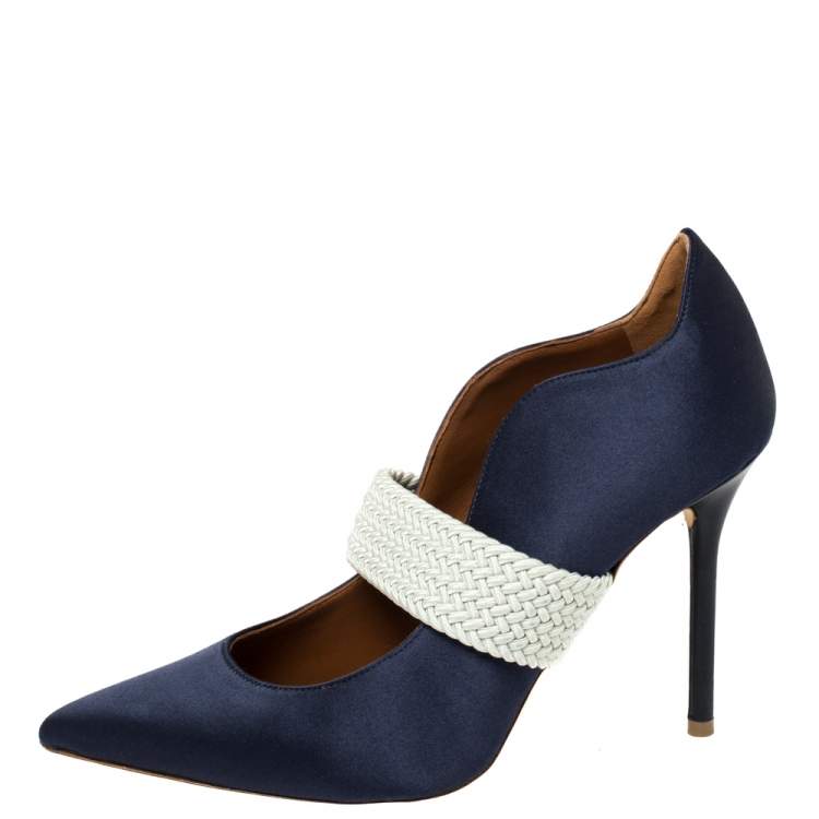 Pre Owned Malone Souliers By Roy Luwolt Navy Blue Satin Maisie Pointed Toe Pumps Size 36