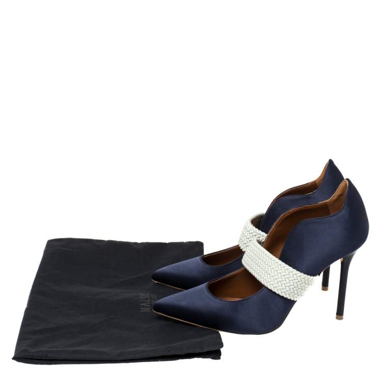 Pre Owned Malone Souliers By Roy Luwolt Navy Blue Satin Maisie Pointed Toe Pumps Size 36
