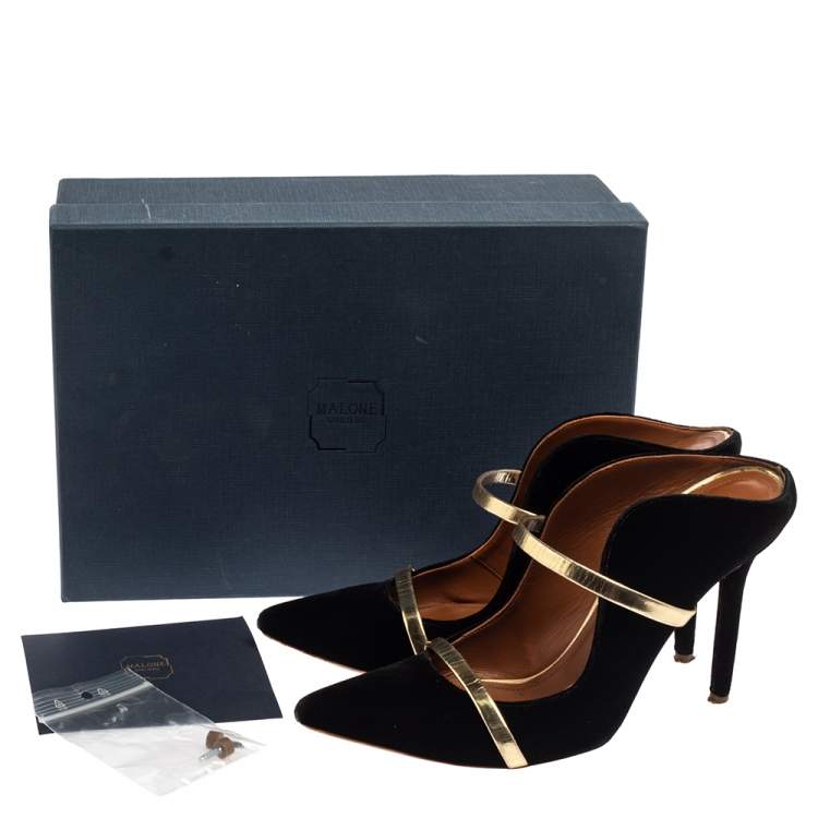 Pre Owned Malone Souliers Black and Gold Suede Maureen Pointed Toe Mules Size 38
