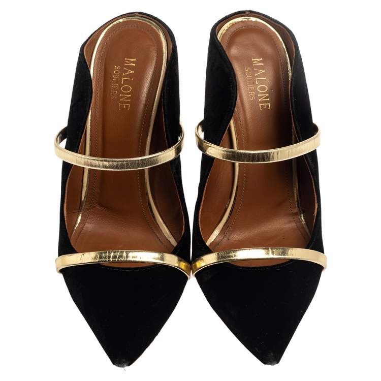 Pre Owned Malone Souliers Black and Gold Suede Maureen Pointed Toe Mules Size 38