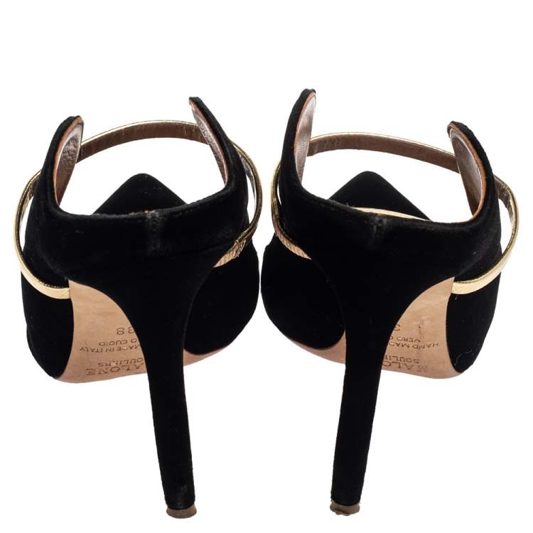 Pre Owned Malone Souliers Black and Gold Suede Maureen Pointed Toe Mules Size 38