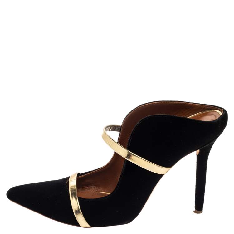 Pre Owned Malone Souliers Black and Gold Suede Maureen Pointed Toe Mules Size 38