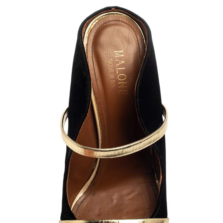 Pre Owned Malone Souliers Black and Gold Suede Maureen Pointed Toe Mules Size 38