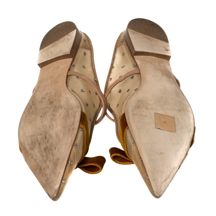 Pre Owned Malone Souliers By Roy Luwolt Brown/Beige Mesh And Velvet Marguerite Bow Mules Size 38.5  