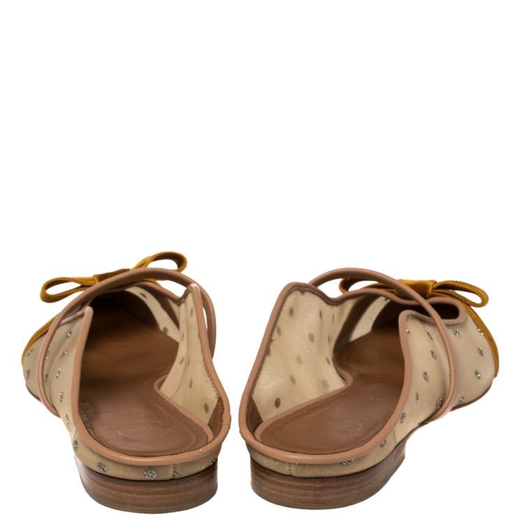 Pre Owned Malone Souliers By Roy Luwolt Brown/Beige Mesh And Velvet Marguerite Bow Mules Size 38.5  