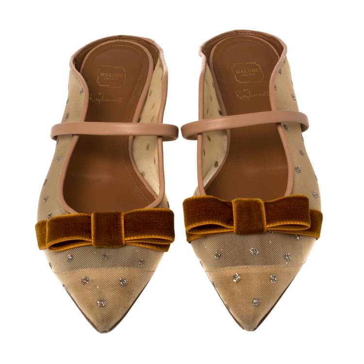 Pre Owned Malone Souliers By Roy Luwolt Brown/Beige Mesh And Velvet Marguerite Bow Mules Size 38.5  