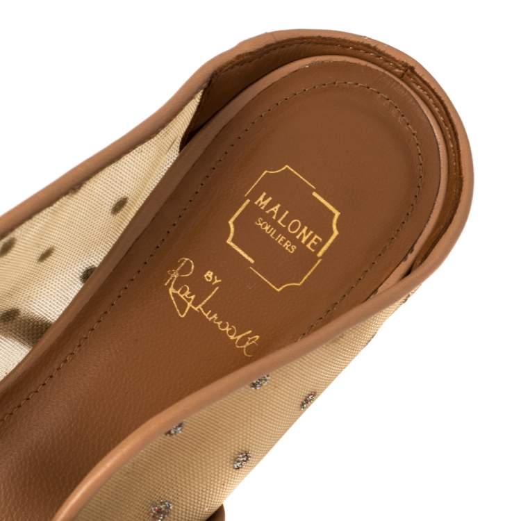 Pre Owned Malone Souliers By Roy Luwolt Brown/Beige Mesh And Velvet Marguerite Bow Mules Size 38.5  
