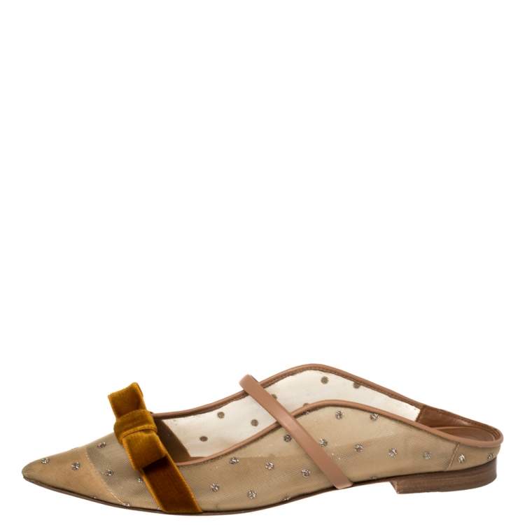 Pre Owned Malone Souliers By Roy Luwolt Brown/Beige Mesh And Velvet Marguerite Bow Mules Size 38.5  